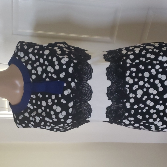 Les Amis euro40 unique pencil dress adorned black shimmery roses polka dots tie - Picture 2 of 7